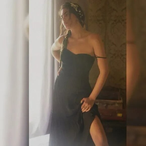 New Anthropologie Ruched Bustier Adjustable Straps Black Slip Midi Dress 2 US - Picture 1 of 14